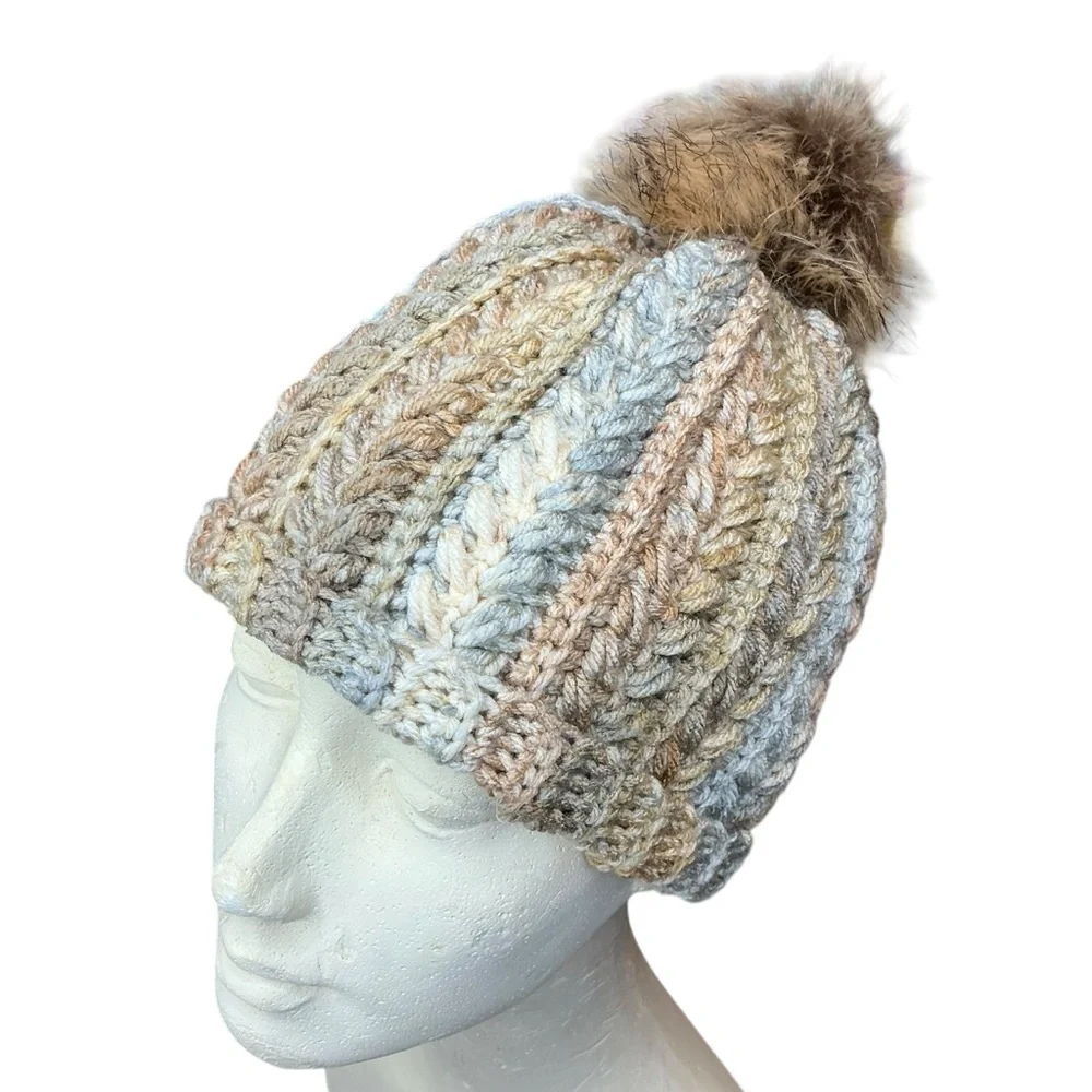 Handcrafted Crochet Multicolor Winter Hat Snowy Wheat Stitch Beanie with Pom Pom